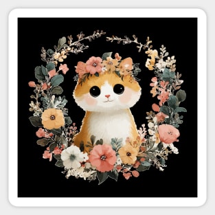 Cozy Orange Cat in a Floral Wreath - Cat Mom & Rescue Folk Art Sticker